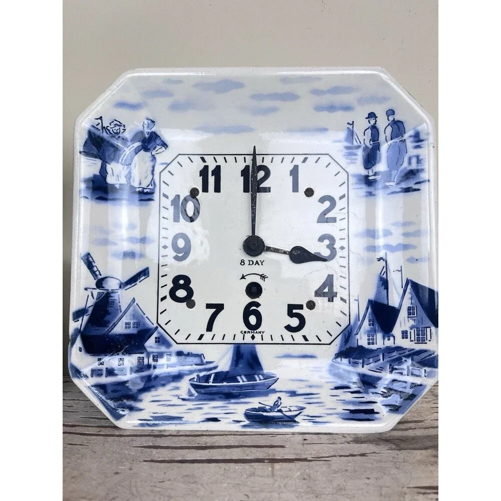 Antique 1920's German Blue Delft 10 Day RARE Wall Plate Clock No Key Untested